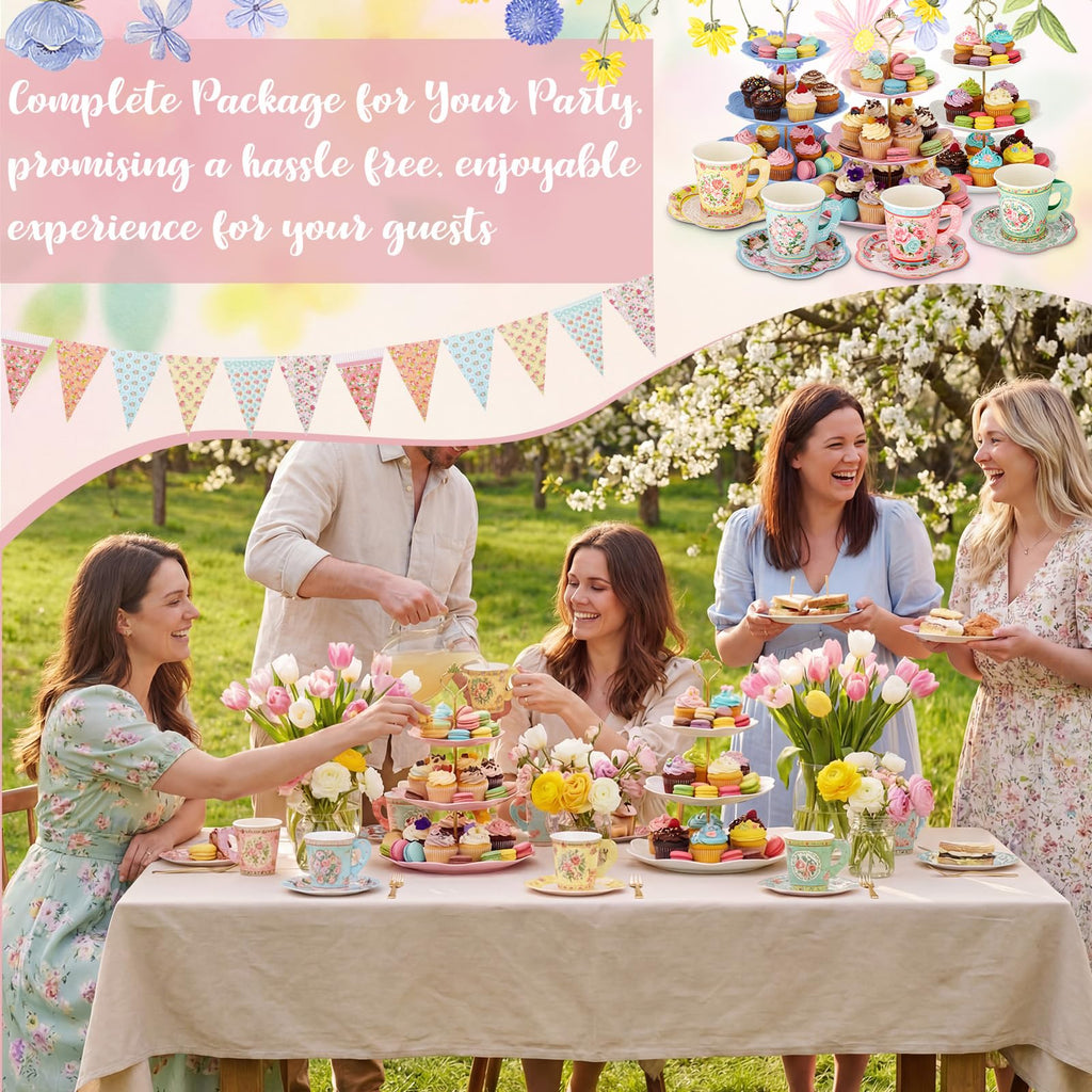 Vintage Floral Tea Party Supplies Set for 40 Guests 244 Piece Disposable Tableware Kit