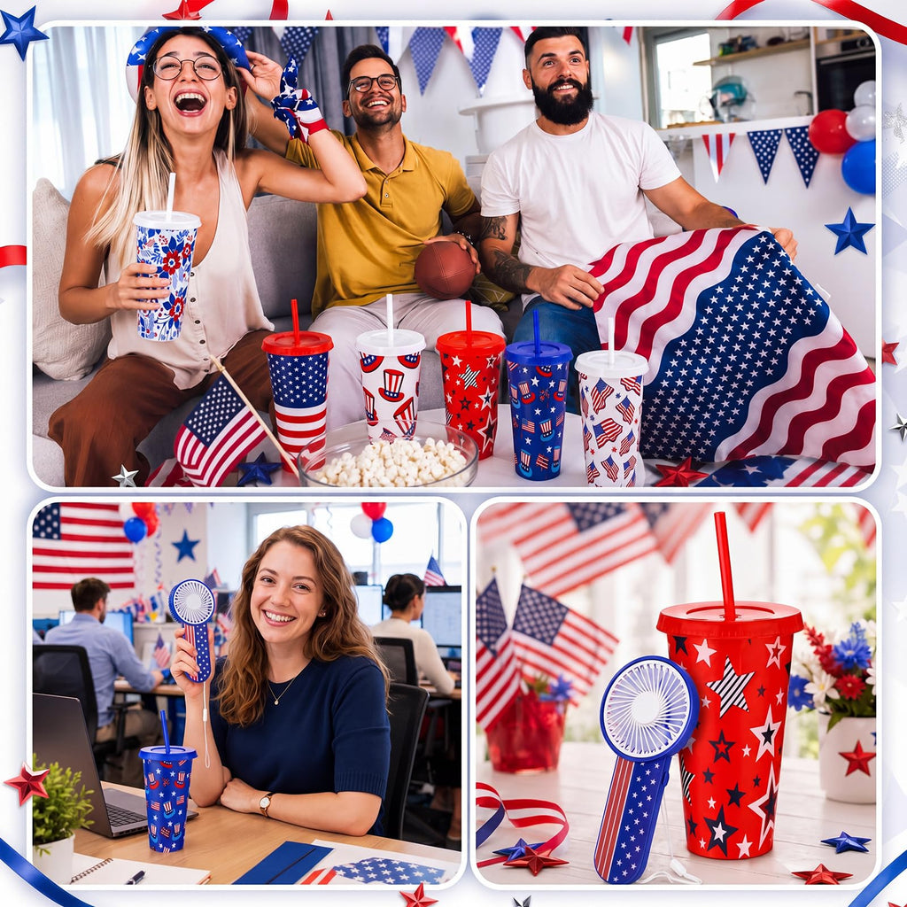 Patriotic Party Favor Set Mini Handheld Fans and 24 Oz Tumblers 12 Piece Set
