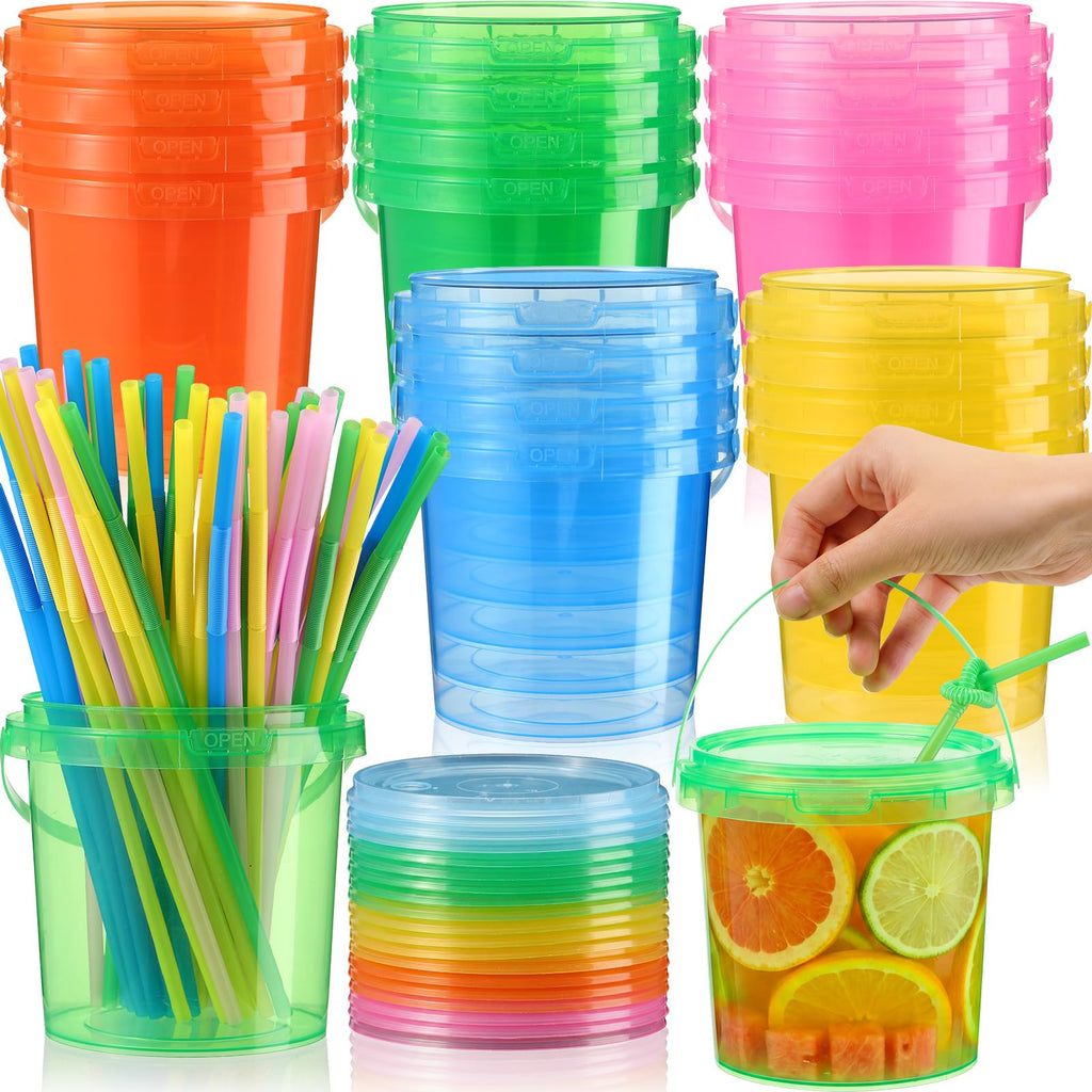 Plastic Drink Buckets with Lids and Straws Reusable Party Cups