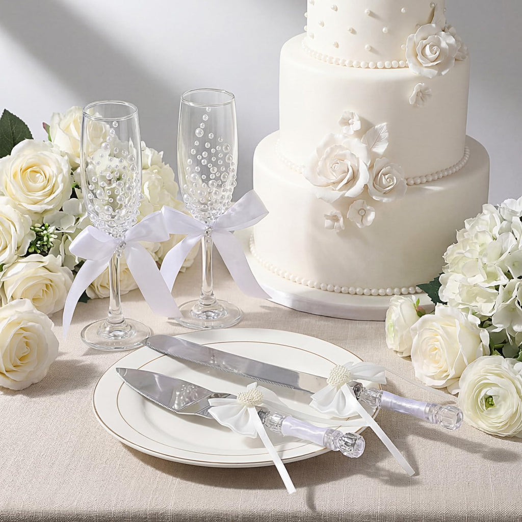 Pearl Wedding Champagne Flutes and Cake Server Set 4 Piece Bridal Gift Set