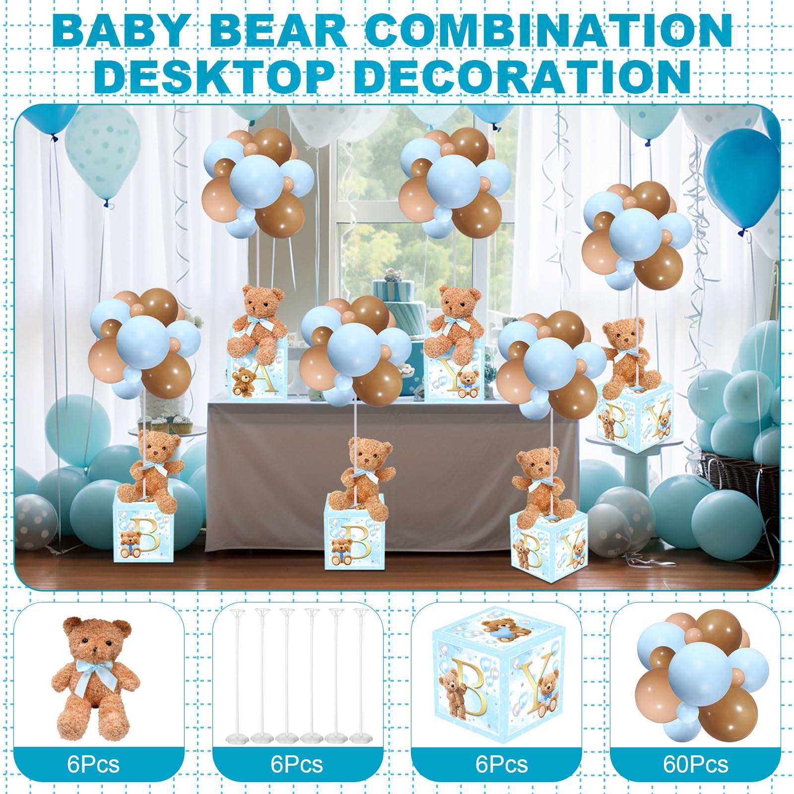 Baby Letter Box Decoration Set with Plush Bears and Balloon Stands 6 Piece Set
