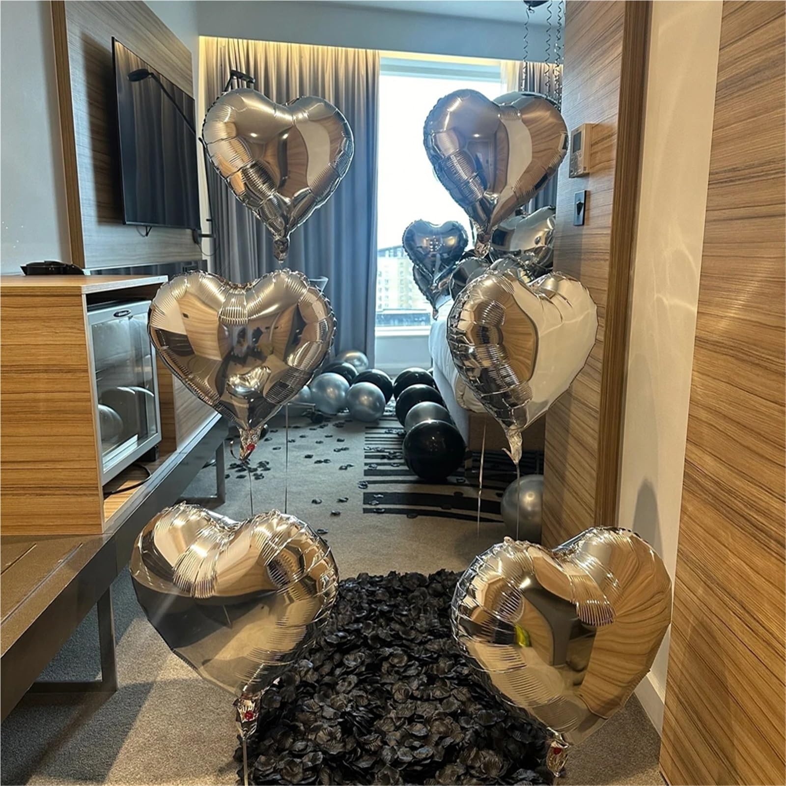 Black Silver Party Balloon Decoration Set with Heart Foil Balloons and Birthday Banner