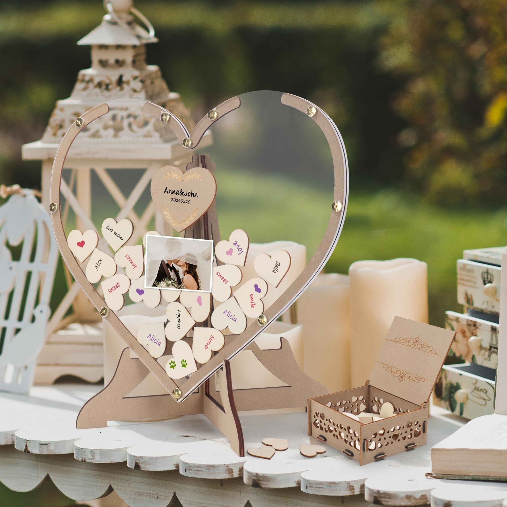 Rustic Wooden Wedding Guest Book Drop Top Frame with Hearts and Stand