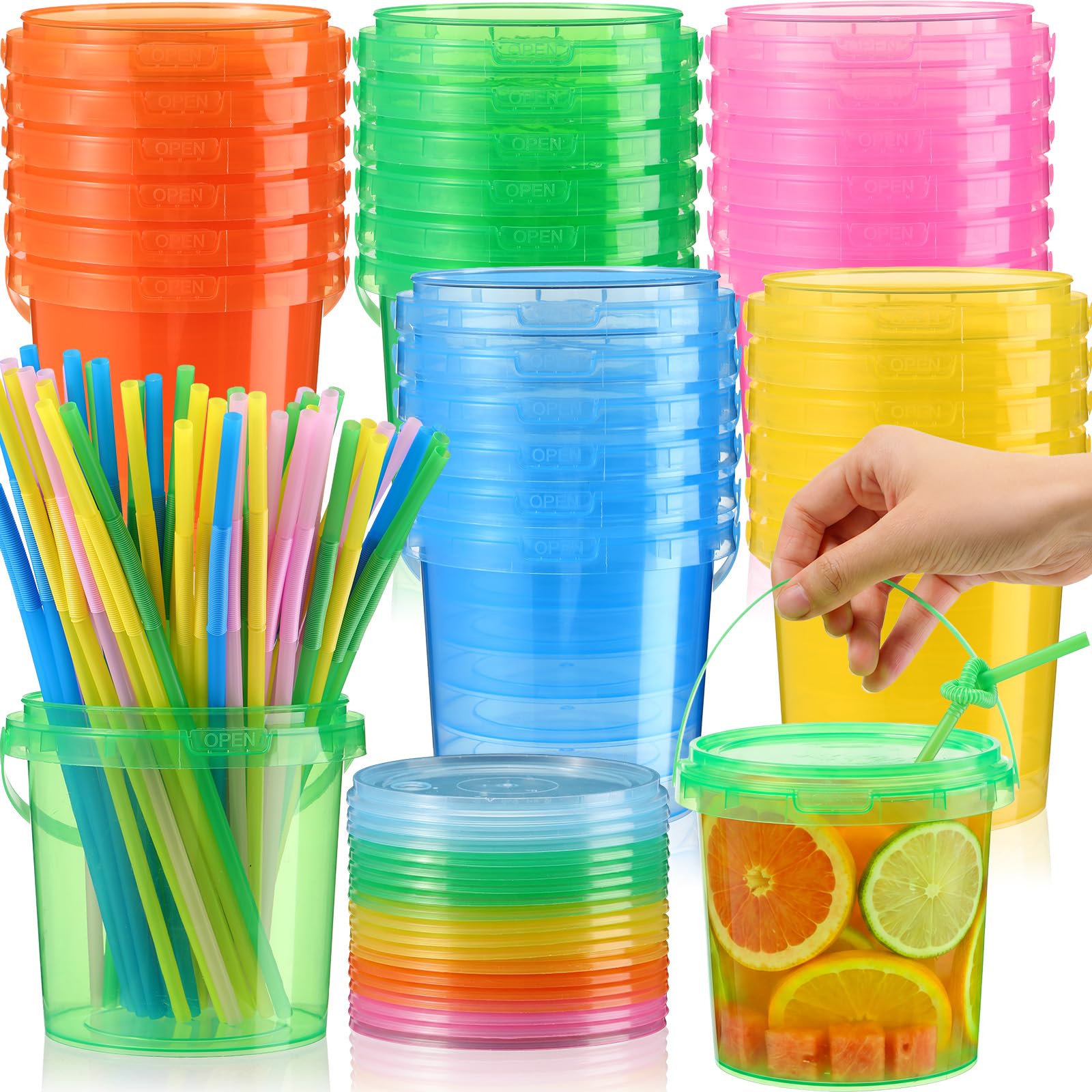 Plastic Drink Buckets with Lids and Straws Reusable Party Cups