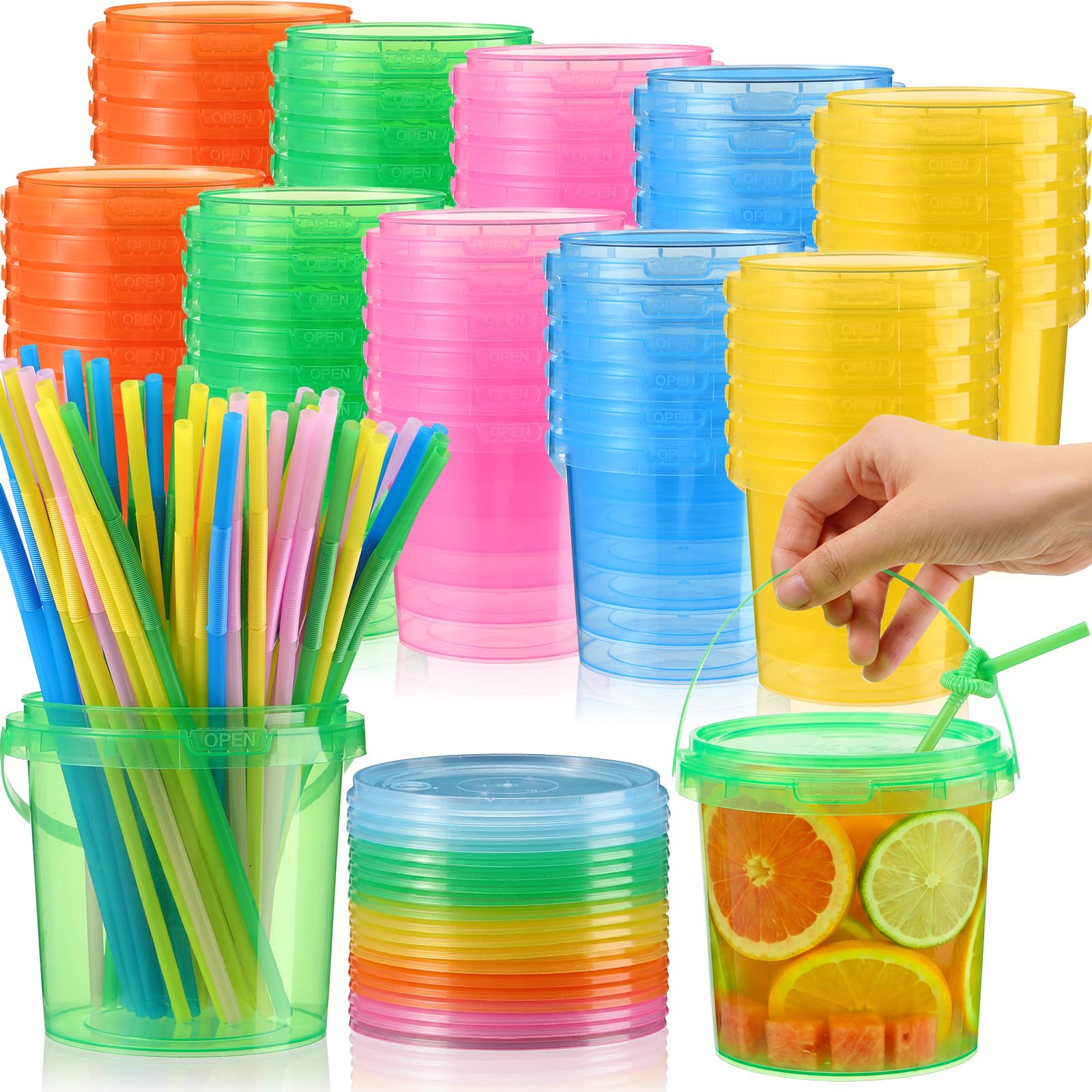Plastic Drink Buckets with Lids and Straws Reusable Party Cups