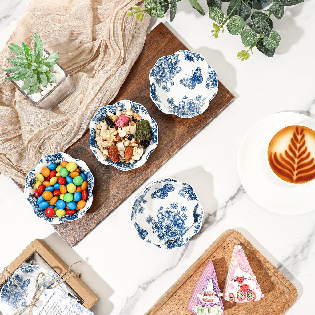 Mini Blue Floral Ceramic Dipping Bowls Gift Set 3.3 Inch Party Favor Pack