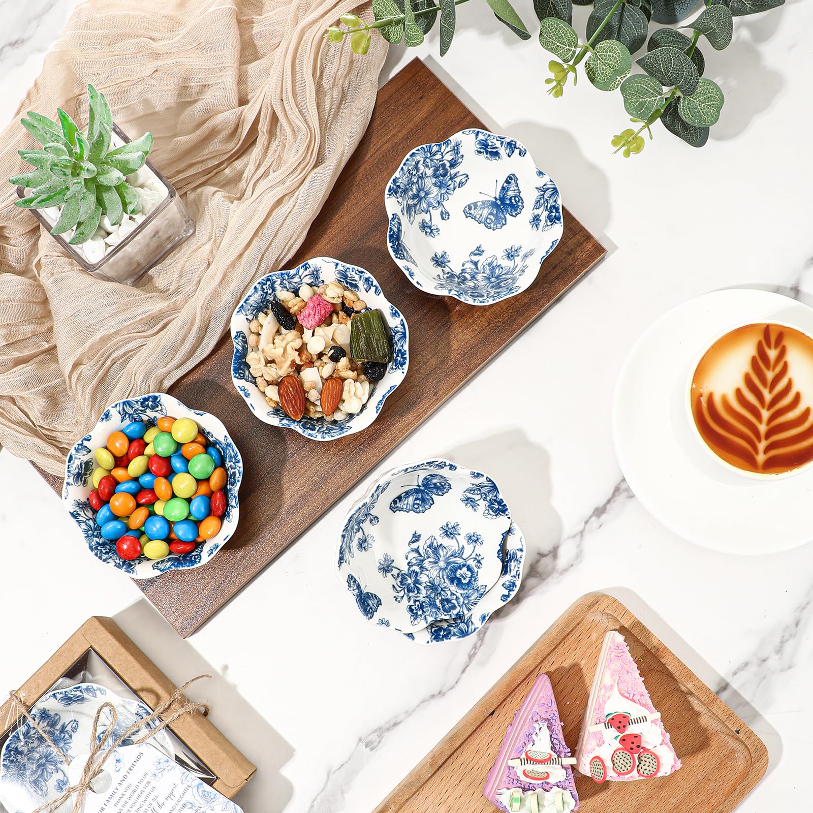 Mini Blue Floral Ceramic Dipping Bowls Gift Set 3.3 Inch Party Favor Pack