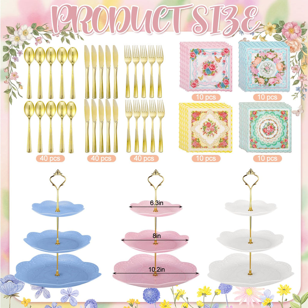 Vintage Floral Tea Party Supplies Set for 40 Guests 244 Piece Disposable Tableware Kit