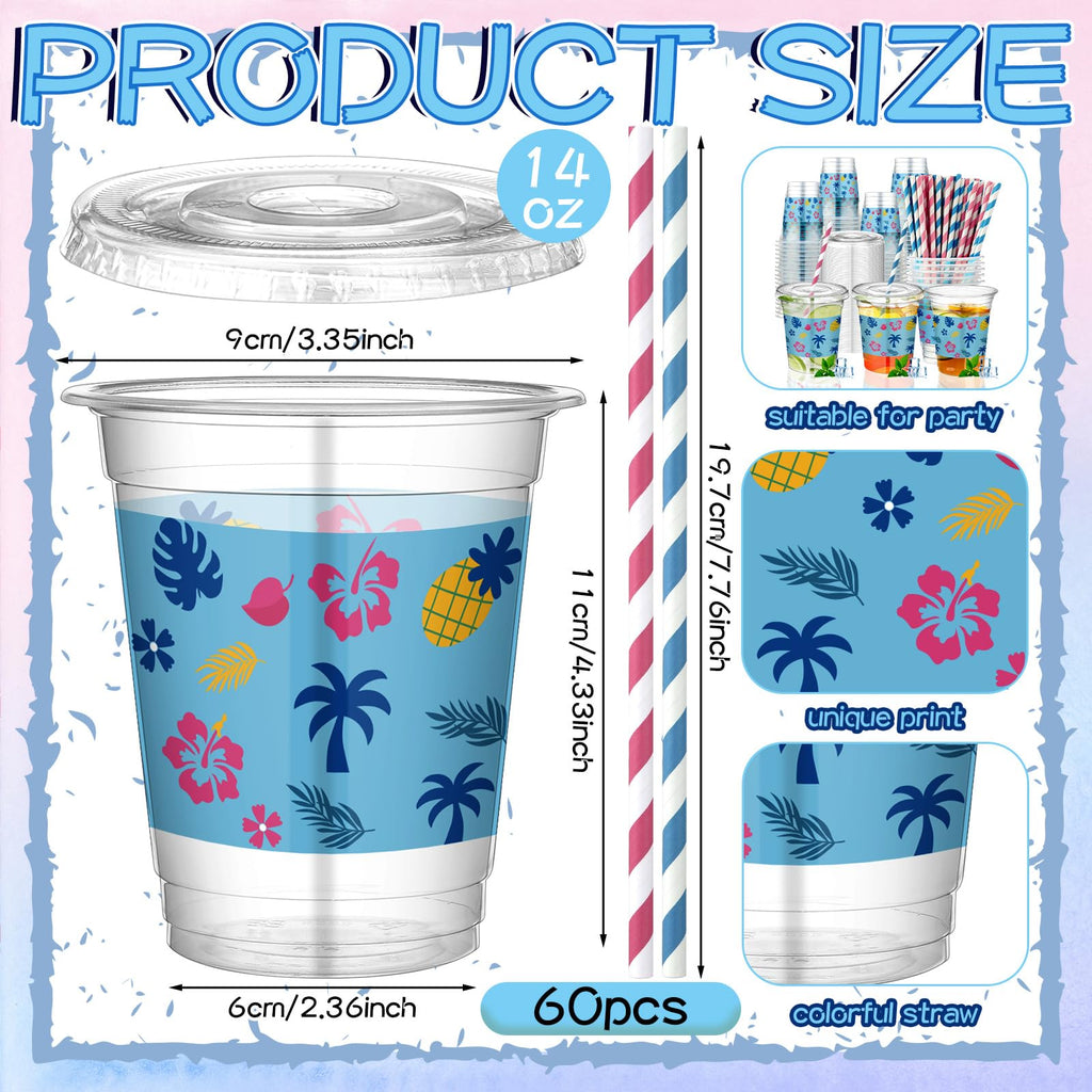 Tropical Party Cups with Lids and Straws 14 Oz 60 Set