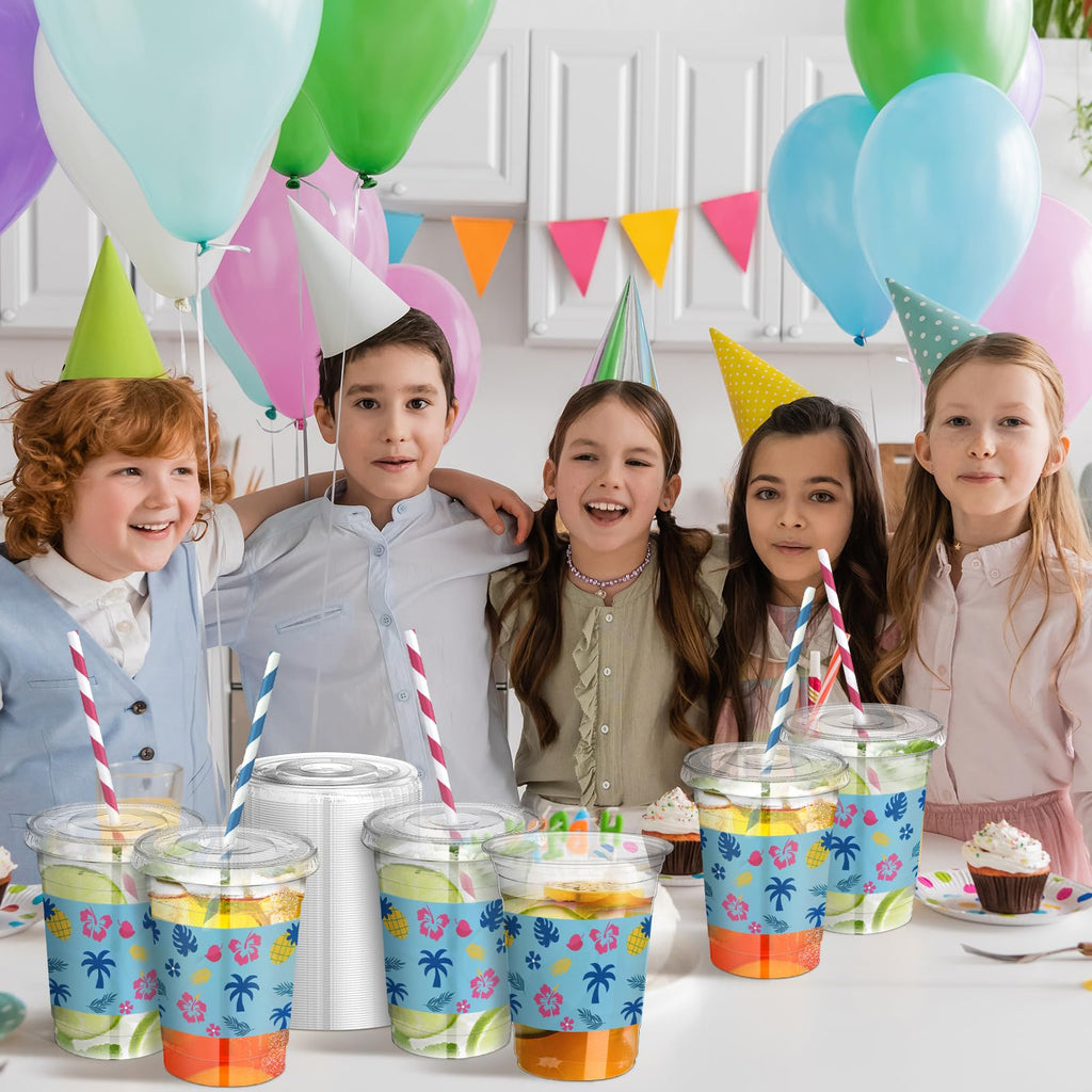 Tropical Party Cups with Lids and Straws 14 Oz 60 Set
