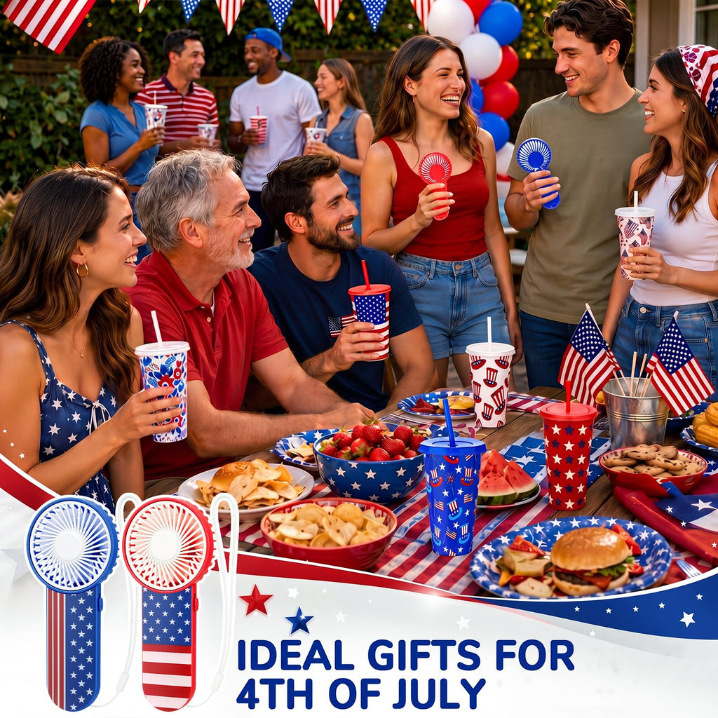 Patriotic Party Favor Set Mini Handheld Fans and 24 Oz Tumblers 12 Piece Set