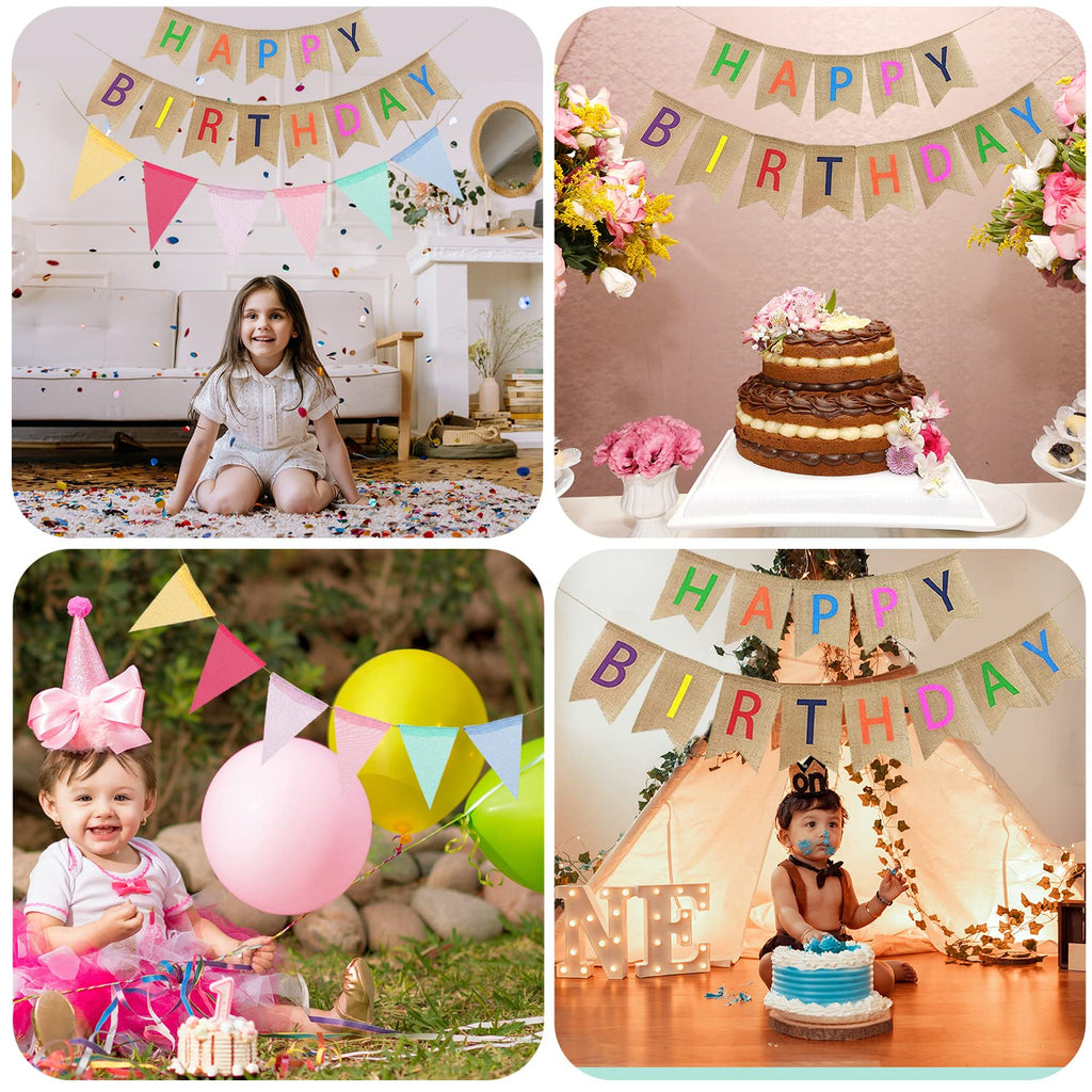 Happy Birthday Linen Bunting Banner Colorful Party Decoration