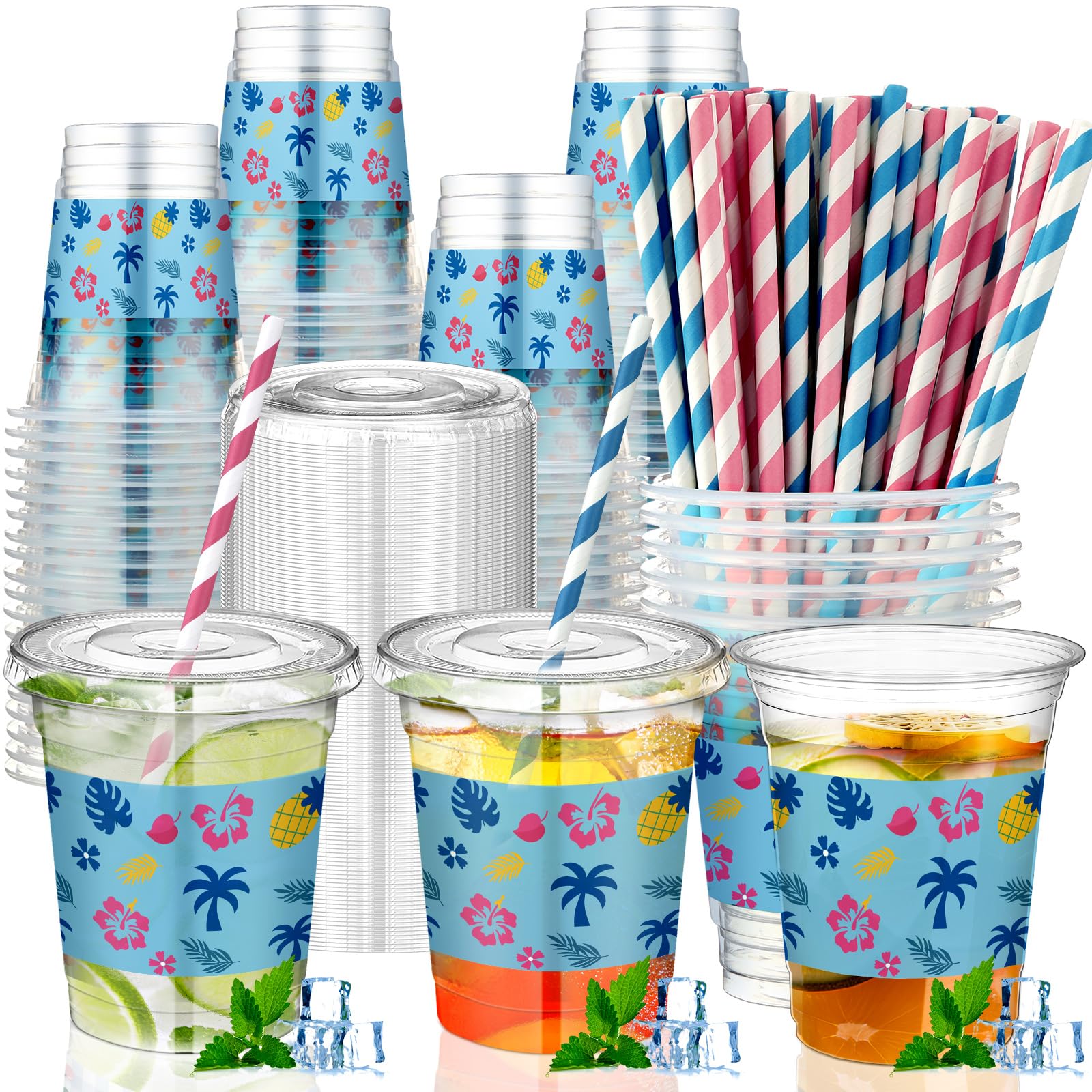 Tropical Party Cups with Lids and Straws 14 Oz 60 Set