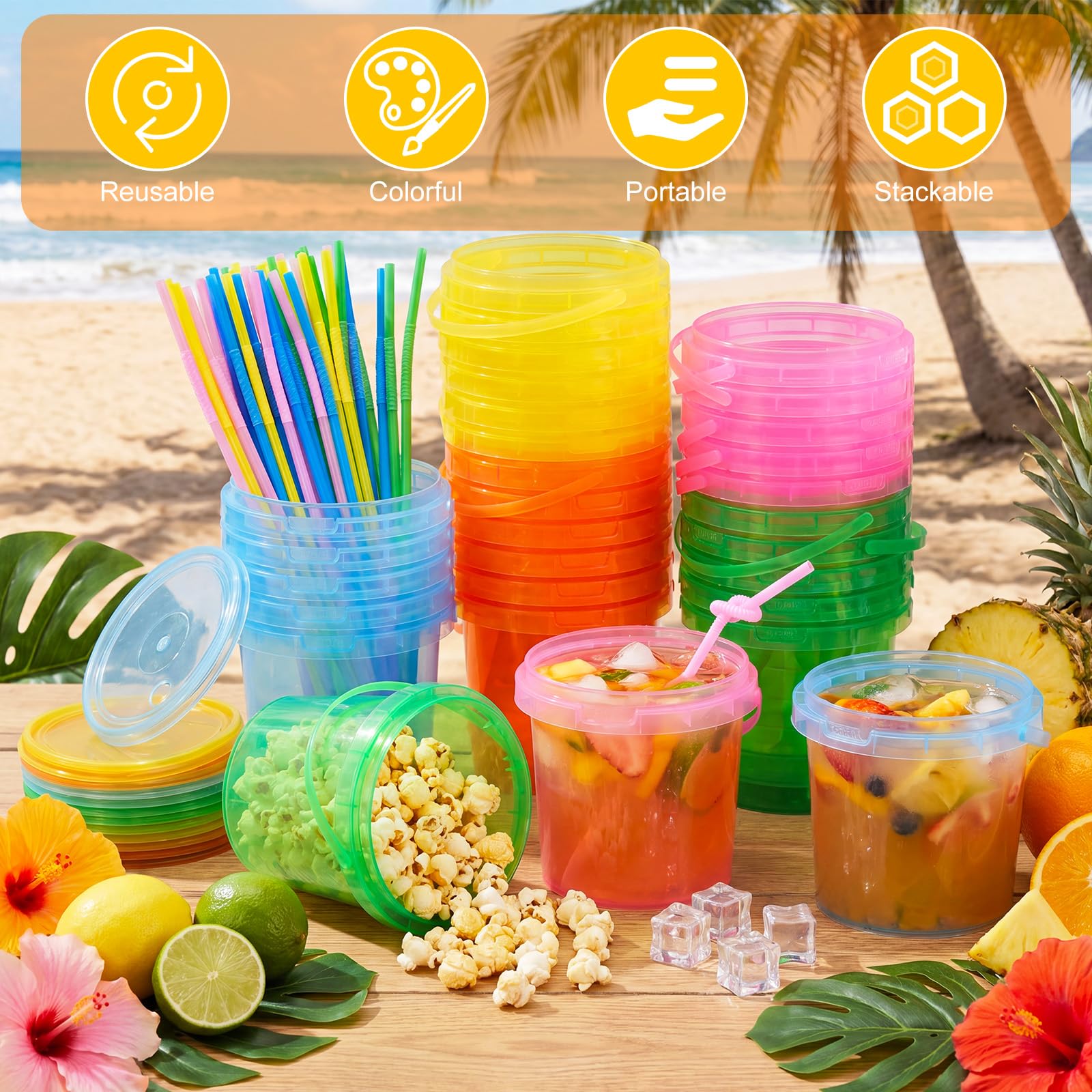 Plastic Drink Buckets with Lids and Straws Reusable Party Cups