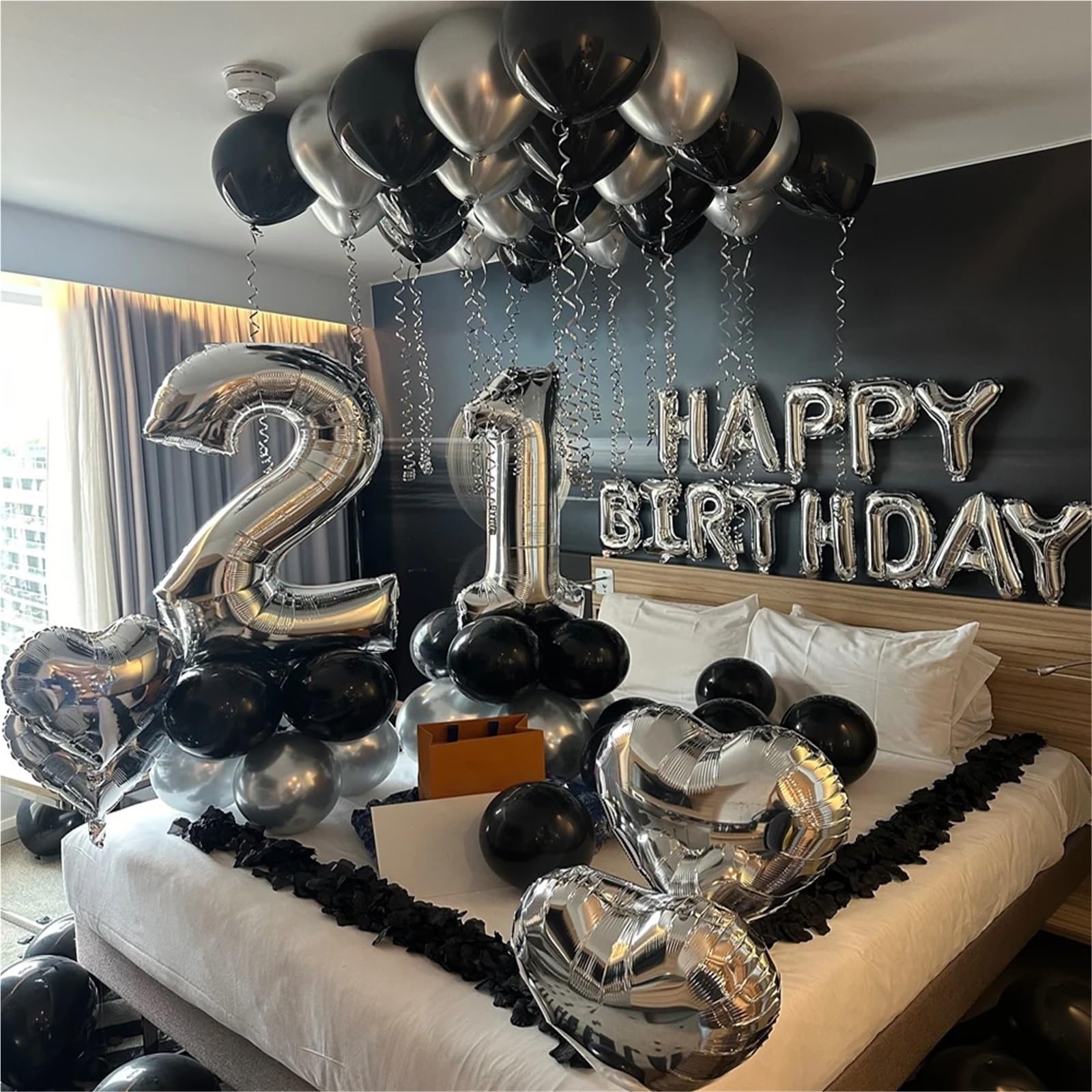 Black Silver Party Balloon Decoration Set with Heart Foil Balloons and Birthday Banner