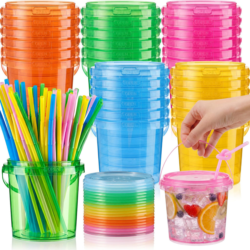 Plastic Drink Buckets with Lids and Straws Reusable Party Cups