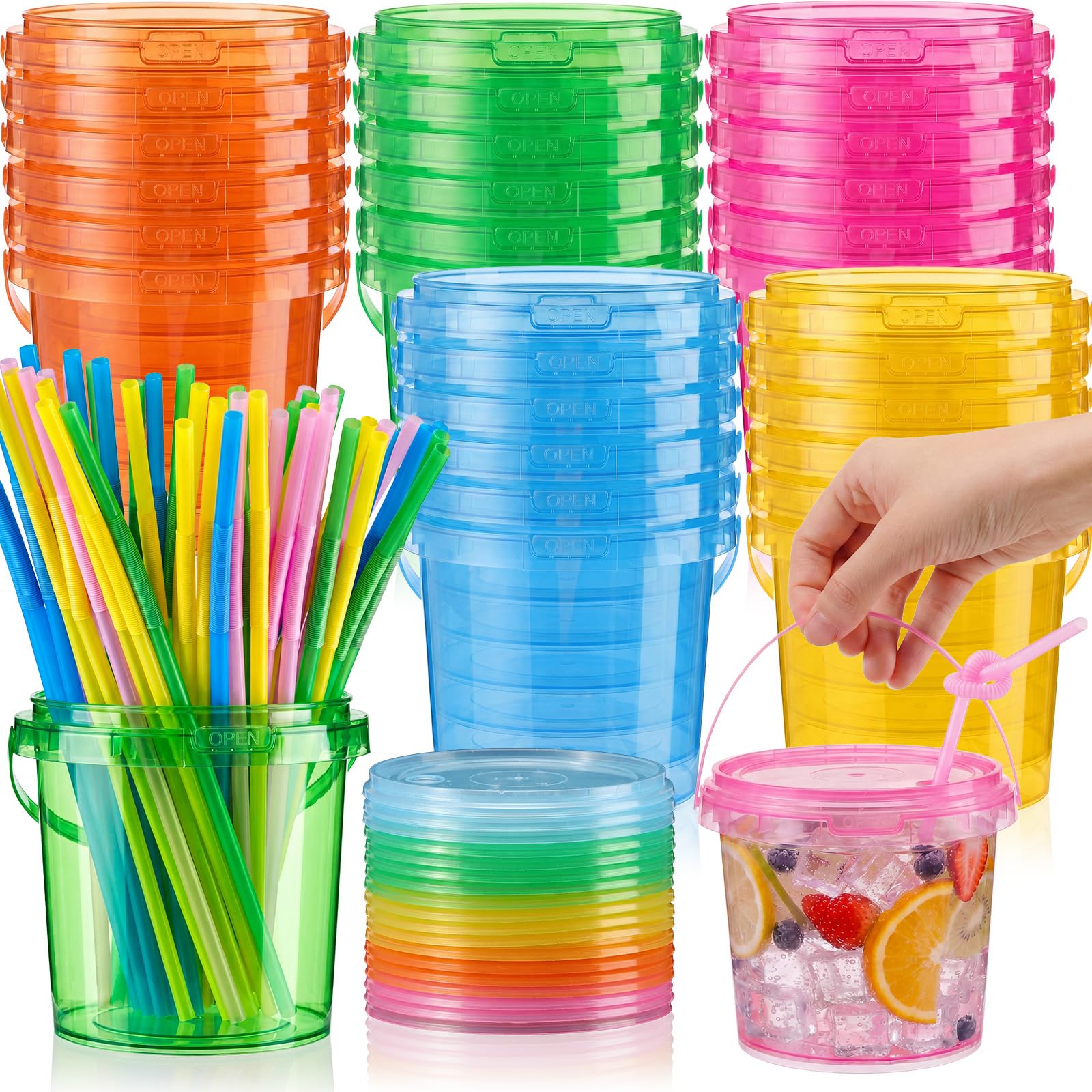 Plastic Drink Buckets with Lids and Straws Reusable Party Cups