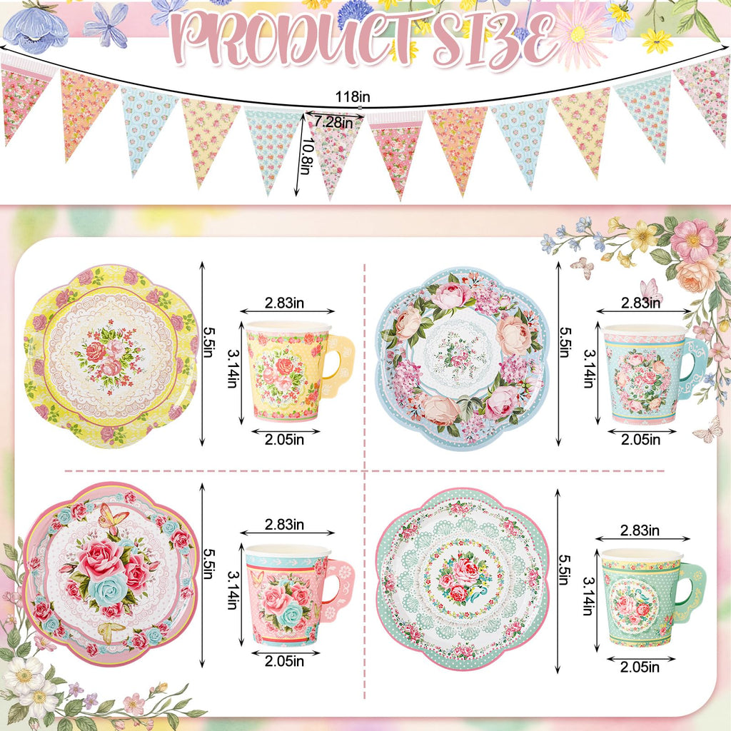 Vintage Floral Tea Party Supplies Set for 40 Guests 244 Piece Disposable Tableware Kit