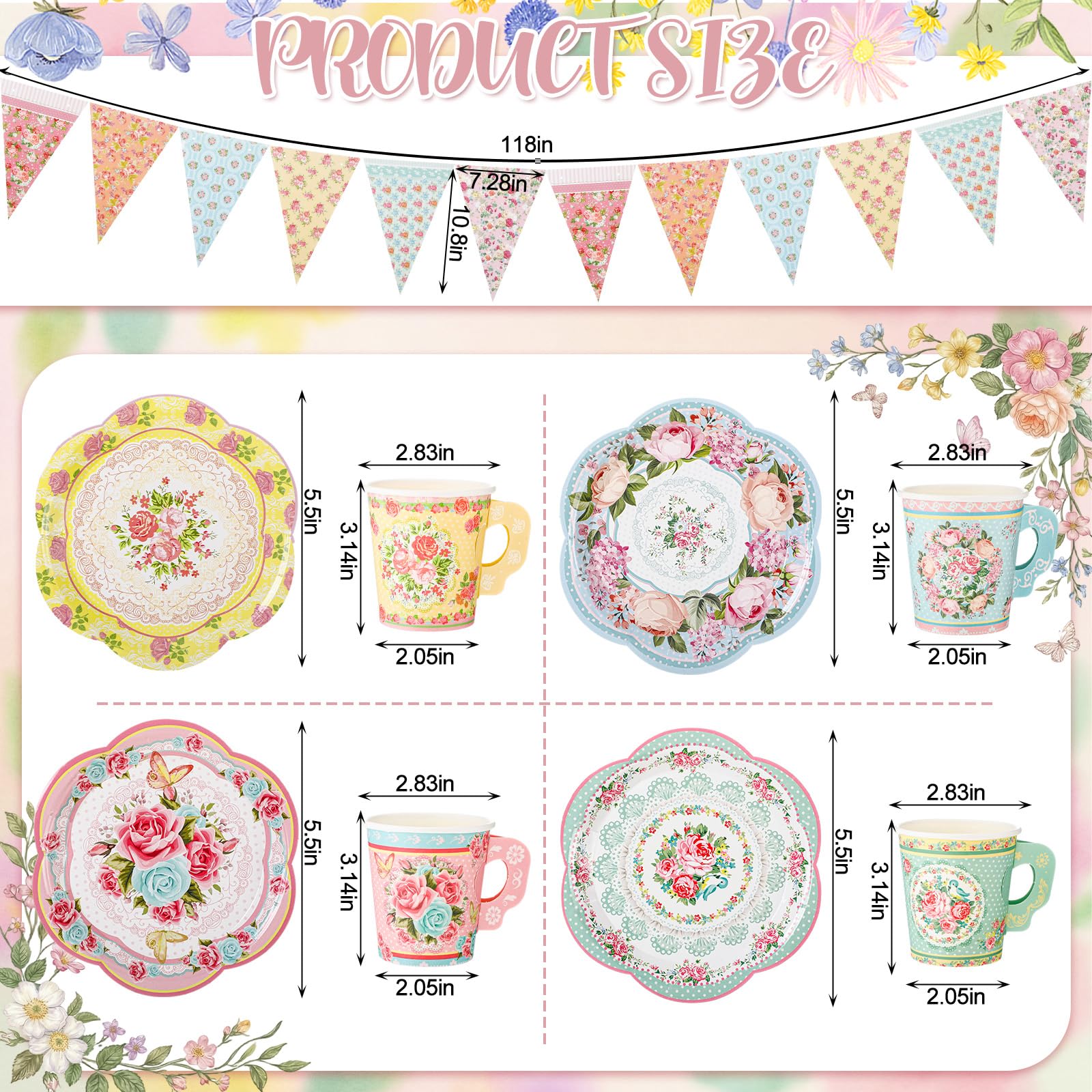 Vintage Floral Tea Party Supplies Set for 40 Guests 244 Piece Disposable Tableware Kit