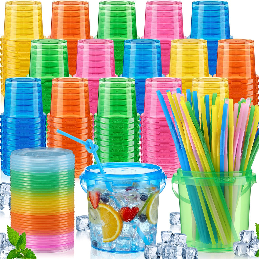 Plastic Drink Buckets with Lids and Straws Reusable Party Cups