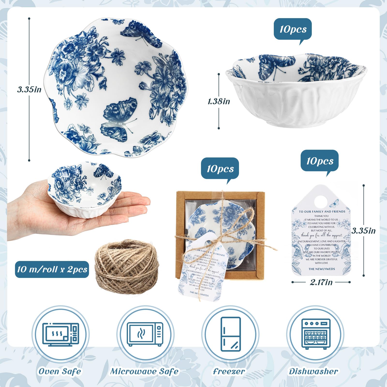 Mini Blue Floral Ceramic Dipping Bowls Gift Set 3.3 Inch Party Favor Pack