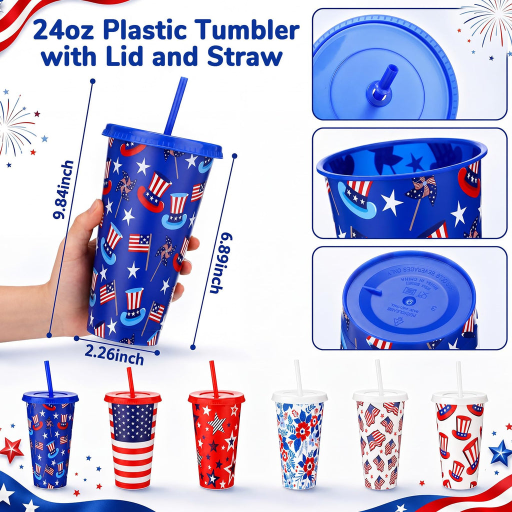Patriotic Party Favor Set Mini Handheld Fans and 24 Oz Tumblers 12 Piece Set