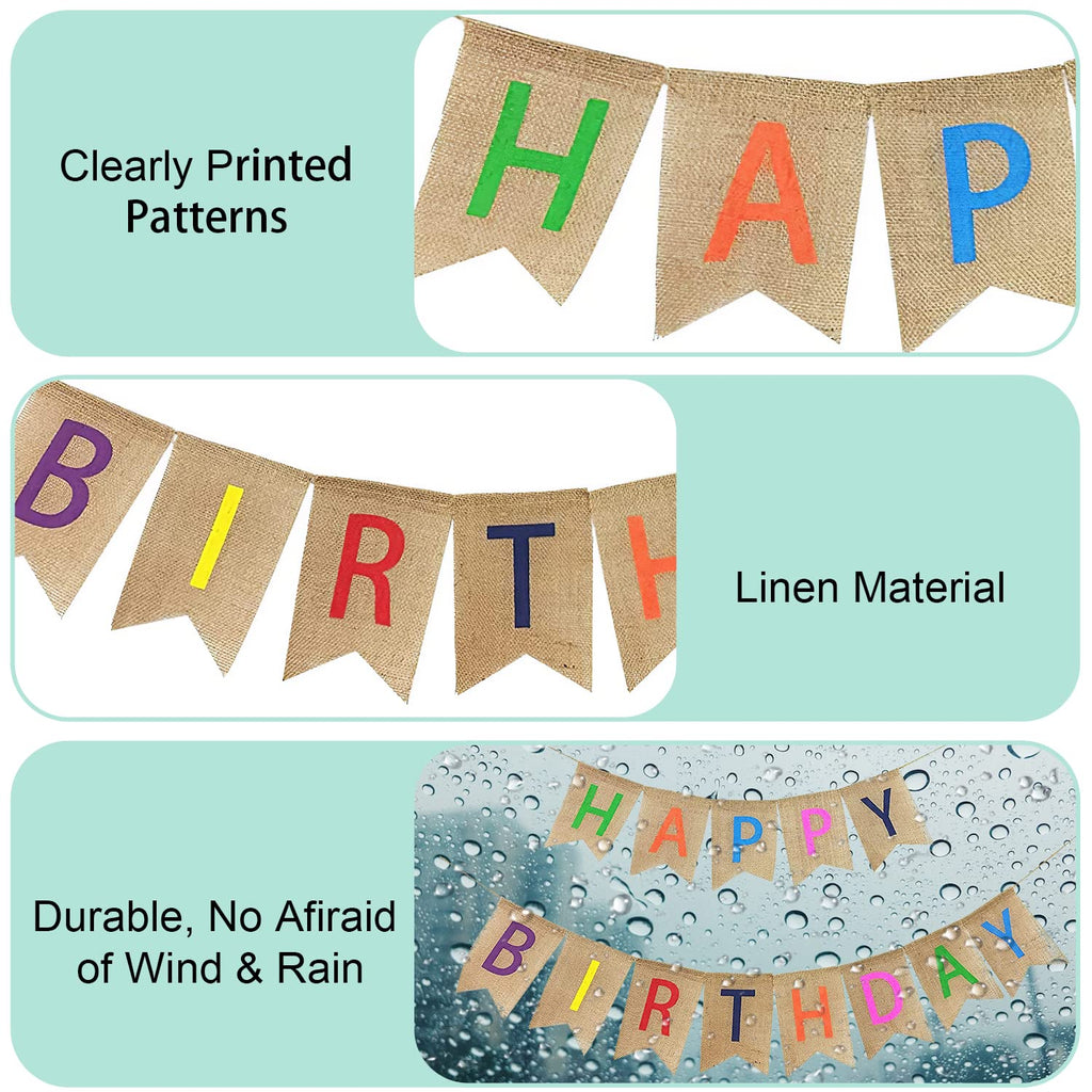 Happy Birthday Linen Bunting Banner Colorful Party Decoration