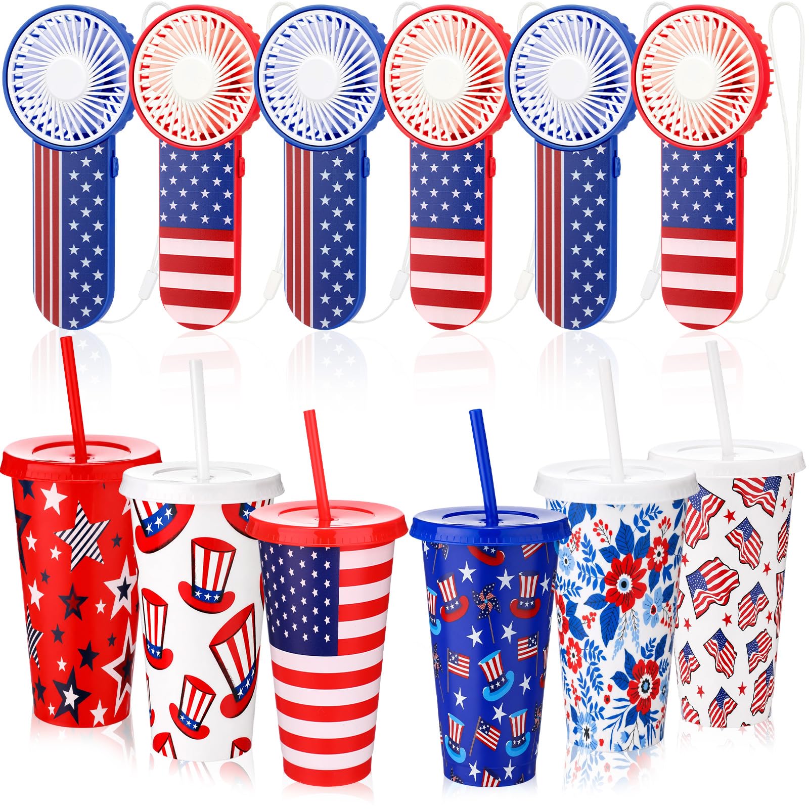 Patriotic Party Favor Set Mini Handheld Fans and 24 Oz Tumblers 12 Piece Set