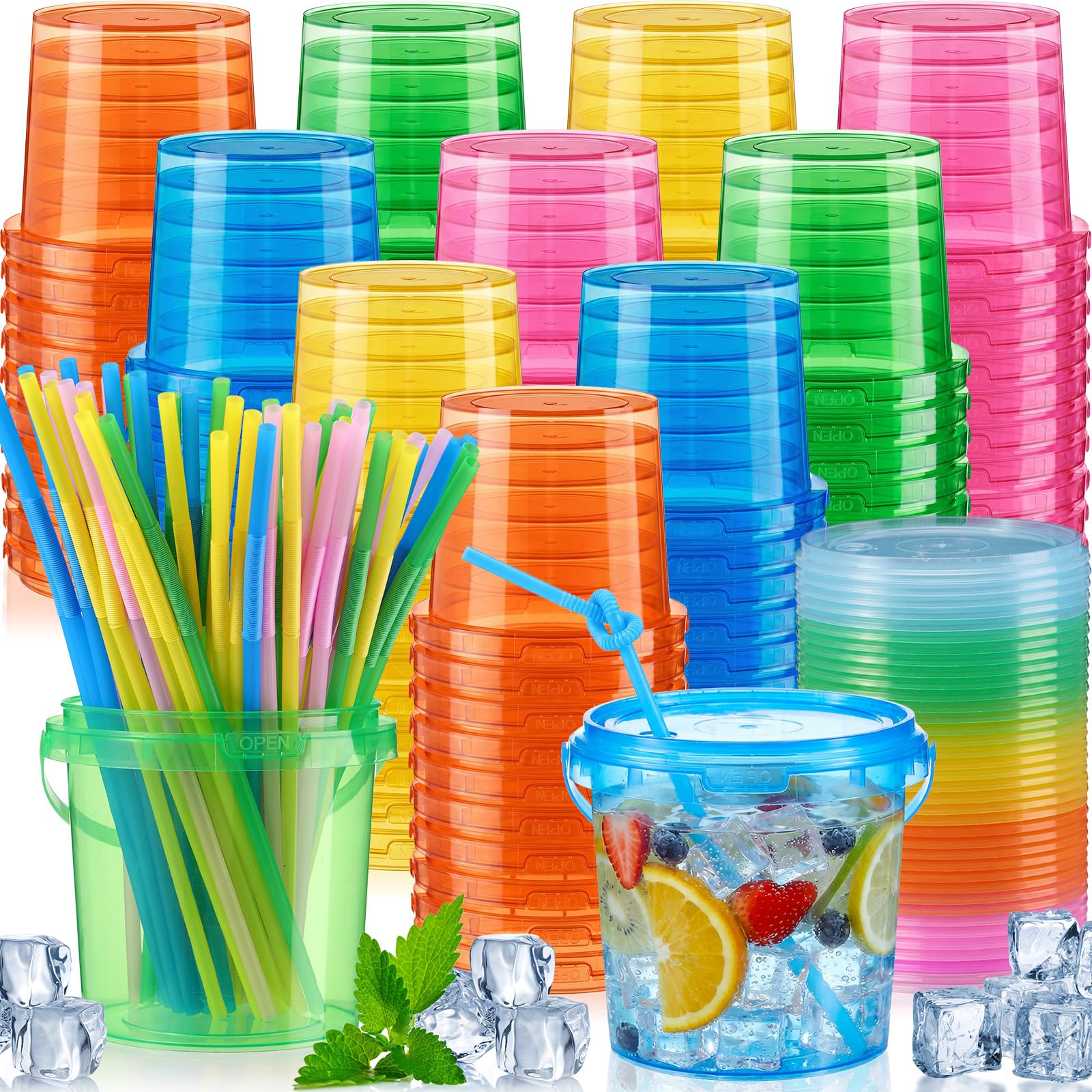 Plastic Drink Buckets with Lids and Straws Reusable Party Cups