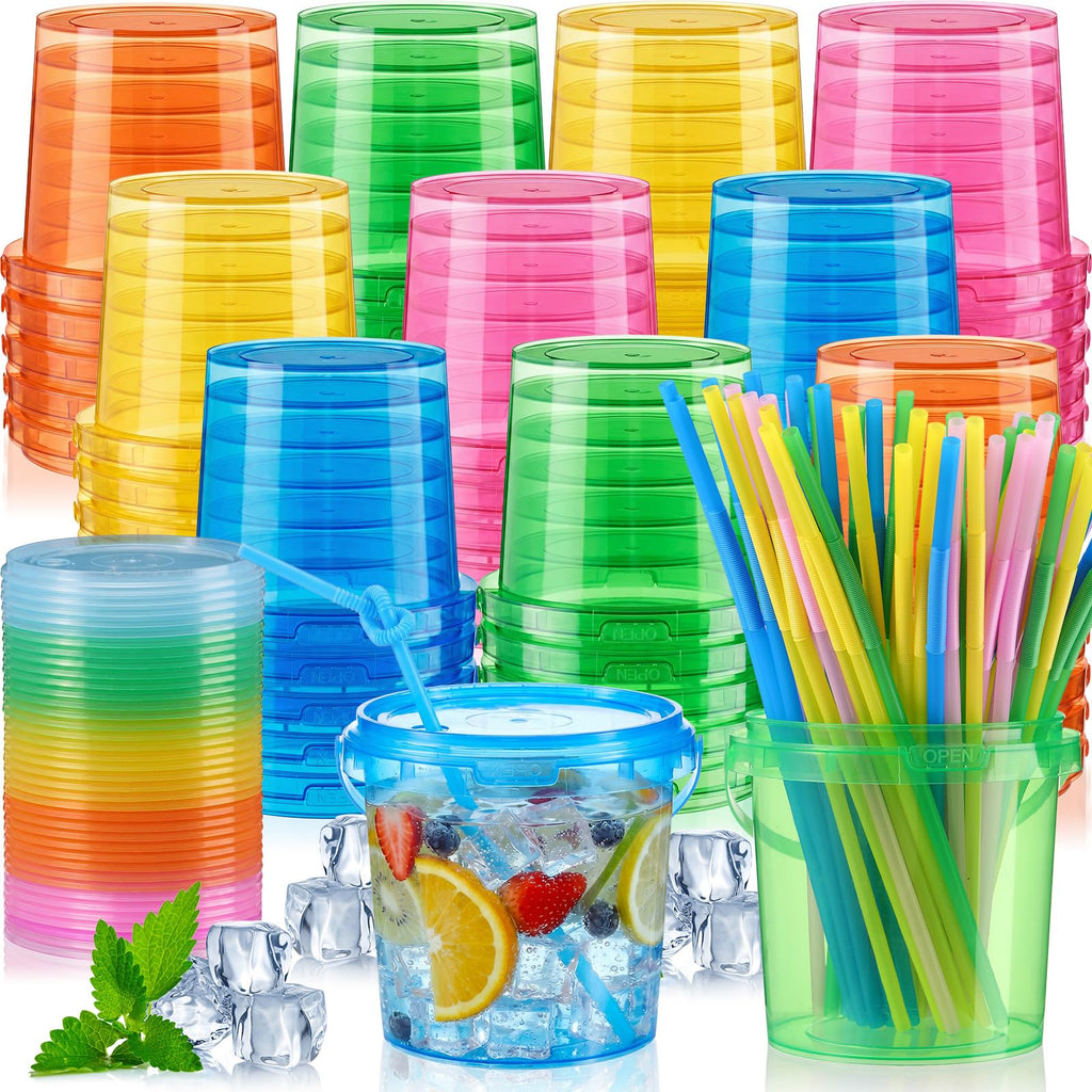 Plastic Drink Buckets with Lids and Straws Reusable Party Cups