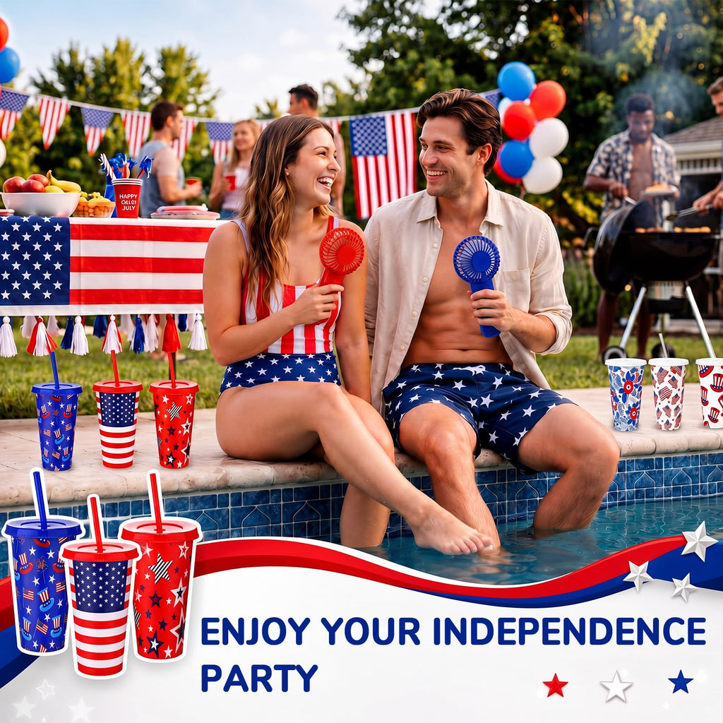 Patriotic Party Favor Set Mini Handheld Fans and 24 Oz Tumblers 12 Piece Set