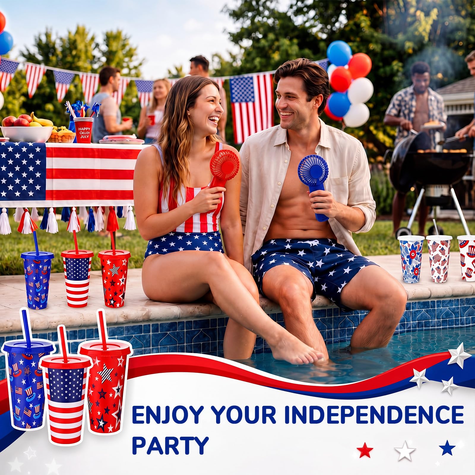 Patriotic Party Favor Set Mini Handheld Fans and 24 Oz Tumblers 12 Piece Set