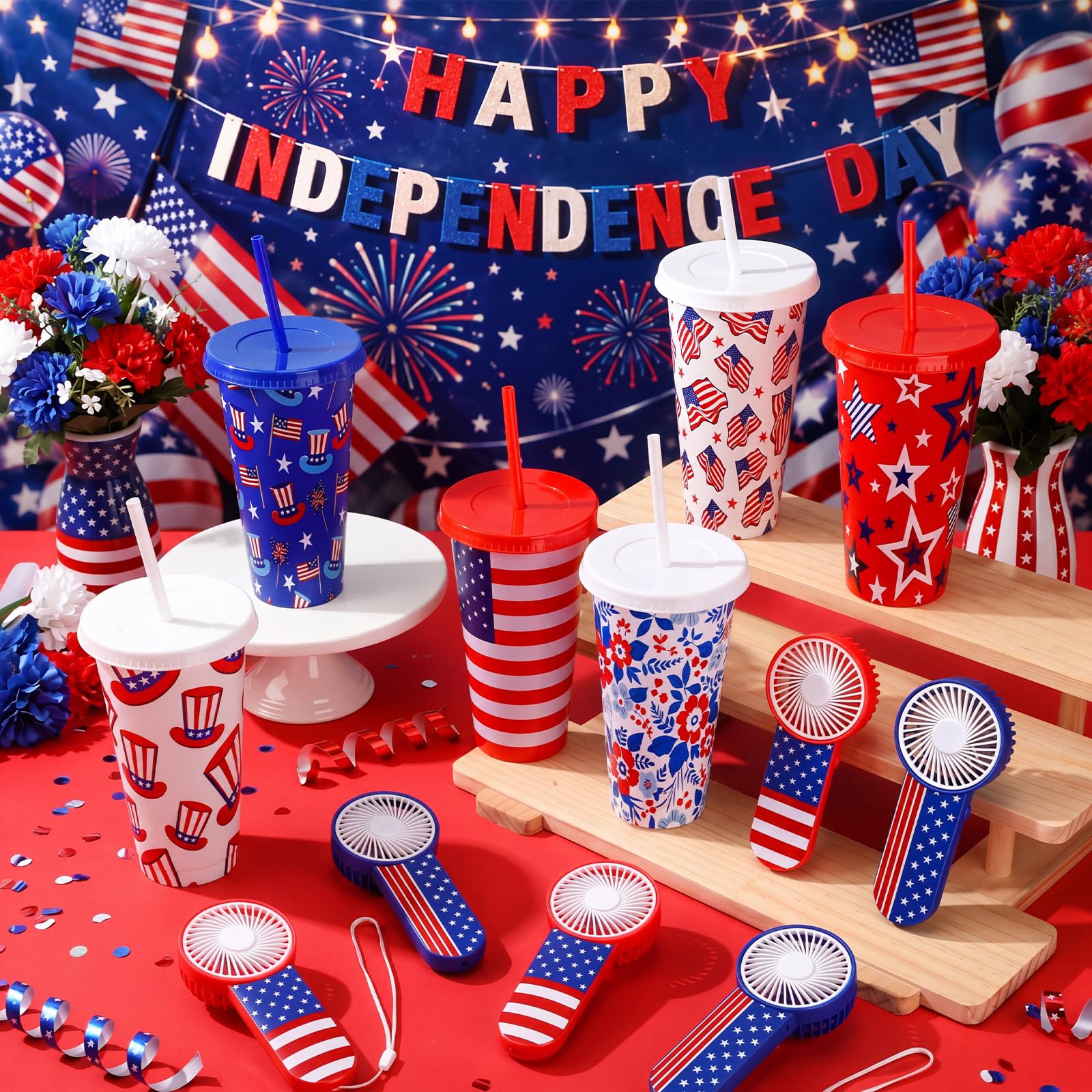 Patriotic Party Favor Set Mini Handheld Fans and 24 Oz Tumblers 12 Piece Set