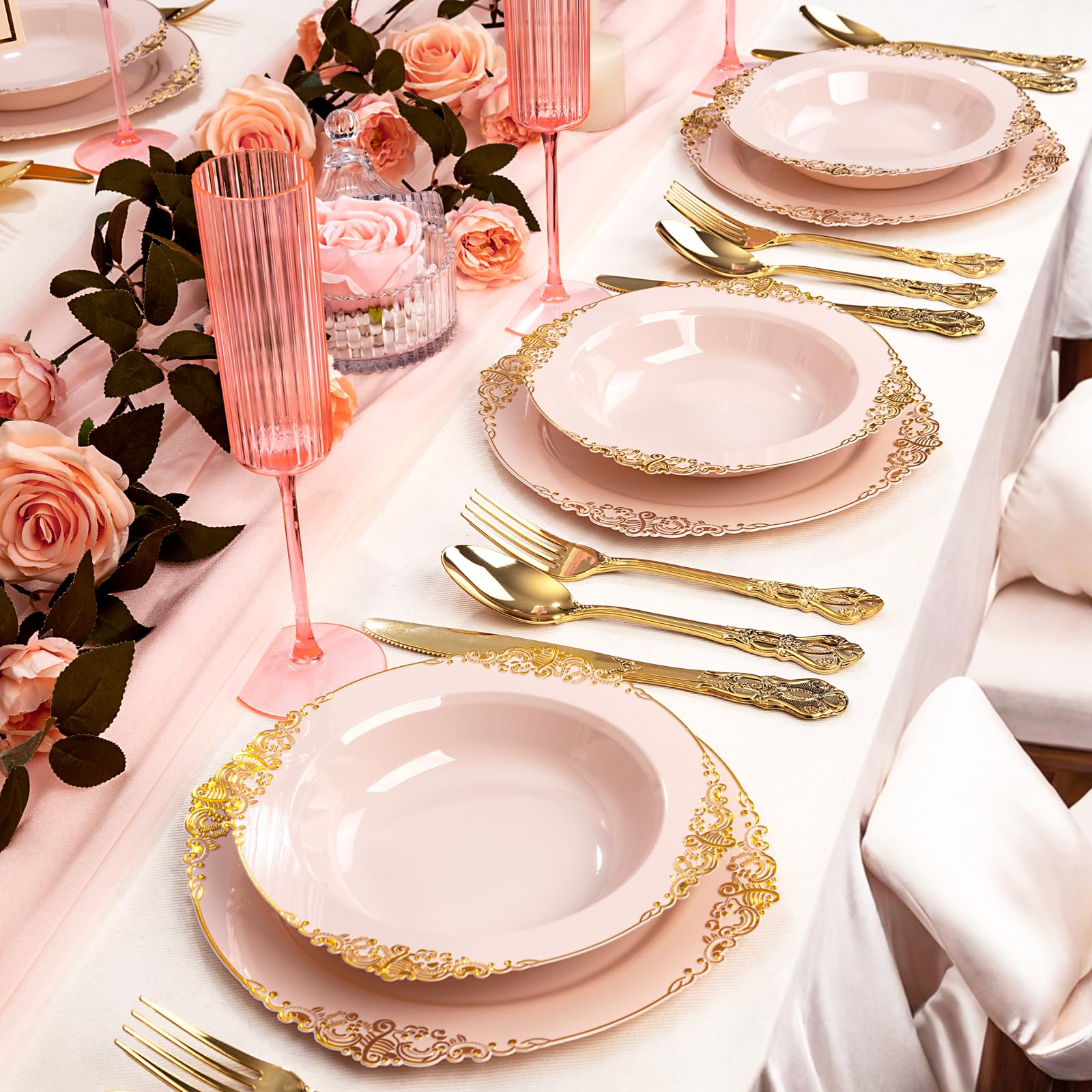Pink and Gold Plastic Dinnerware Set 350 Pcs