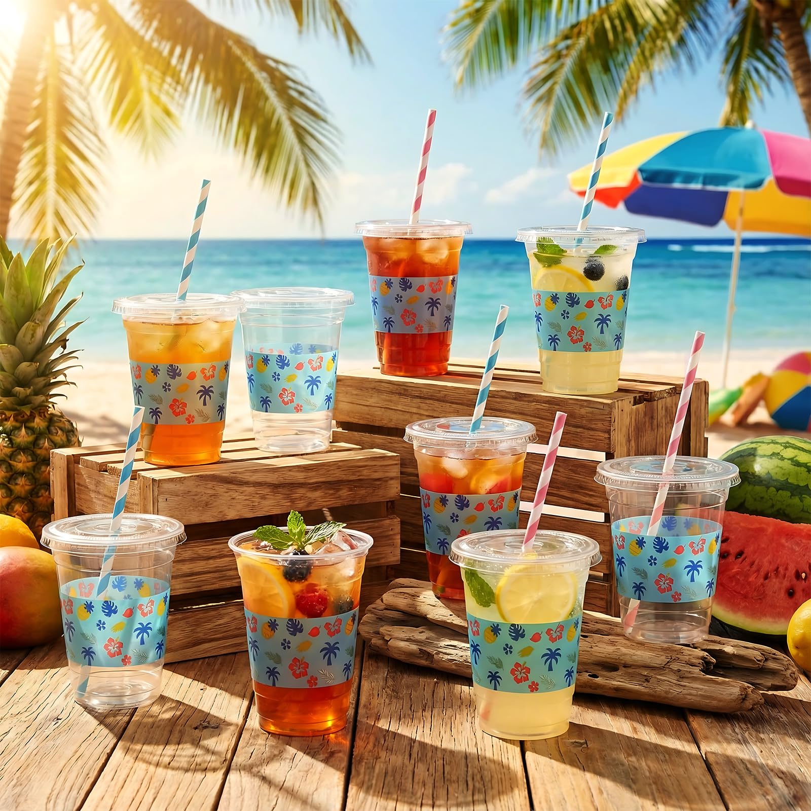 Tropical Party Cups with Lids and Straws 14 Oz 60 Set