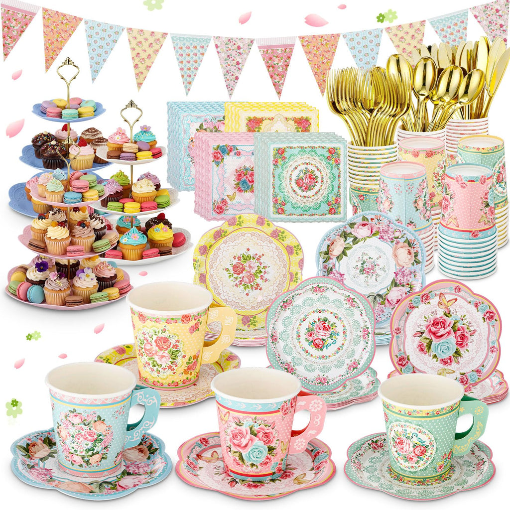 Vintage Floral Tea Party Supplies Set for 40 Guests 244 Piece Disposable Tableware Kit